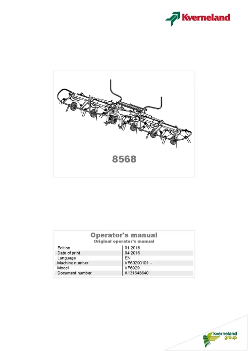 Kverneland 8568 Tedders 2016 Operation Maintenance Manual PDF download