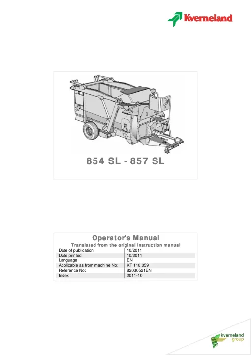 Kverneland 857SL 854SL Bale choppers 2011 Operation Maintenance Manual PDF download