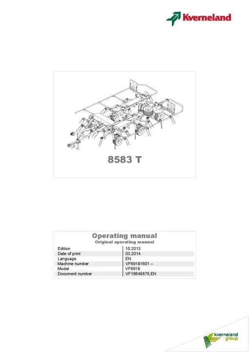 Kverneland 8583T Tedders 2013 Operation Maintenance Manual PDF download