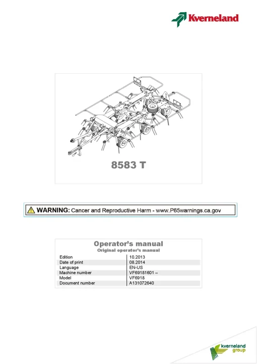 Kverneland 8583T Tedders 2013 US Operation Maintenance Manual PDF download