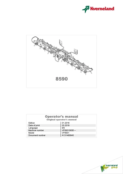 Kverneland 8590 Tedders 2016 Operation Maintenance Manual PDF download