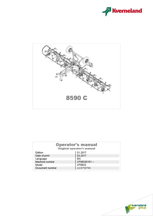 Kverneland 8590C Tedders 2017 Operation Maintenance Manual PDF download