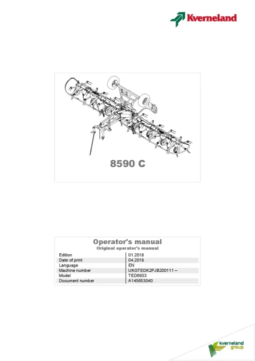 Kverneland 8590C Tedders 2018 Operation Maintenance Manual PDF download