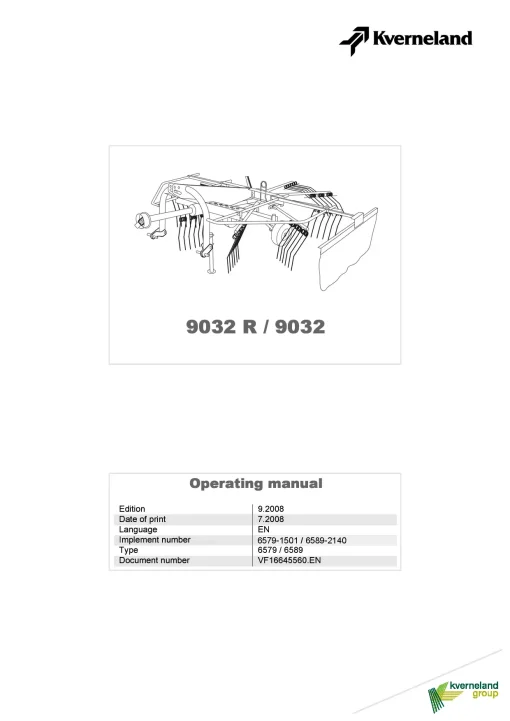 Kverneland 9032R 9032 Rakes Single rotor 2008 Operation Maintenance Manual PDF download