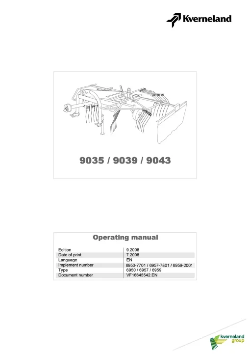 Kverneland 9035 9039 9043 Rakes Single rotor 2008 Operation Maintenance Manual PDF download