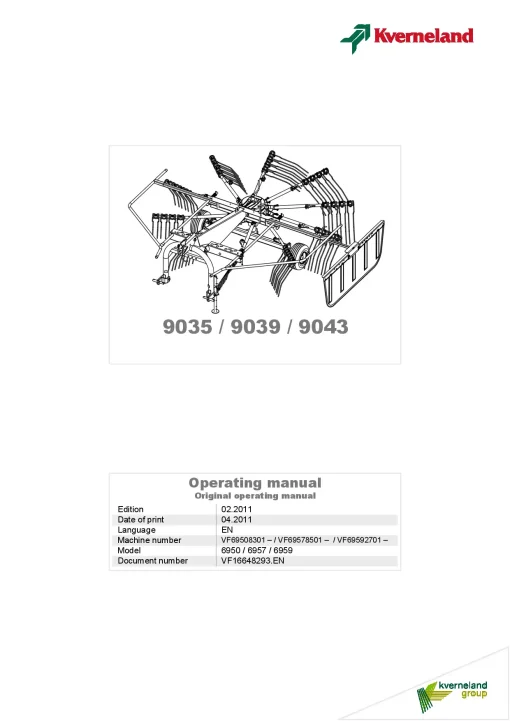 Kverneland 9035 9039 9043 Rakes Single rotor 2011 Operation Maintenance Manual PDF download