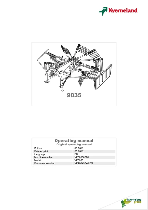 Kverneland 9035 Rakes Single rotor 2012 Operation Maintenance Manual PDF download