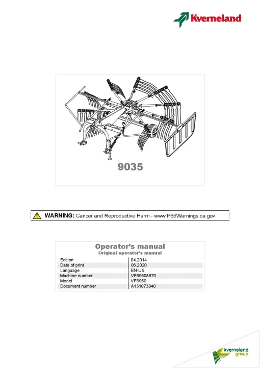 Kverneland 9035 Rakes Single rotor 2014 North America Operation Maintenance Manual PDF download