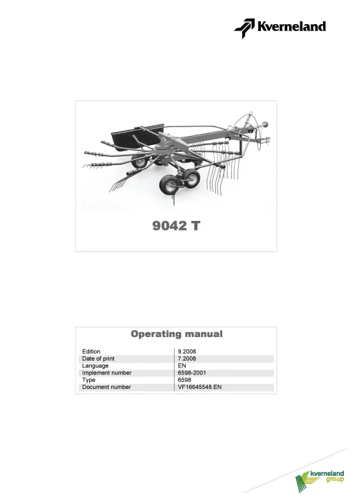 Kverneland 9042T Rakes Single rotor 2008 Operation Maintenance Manual PDF download