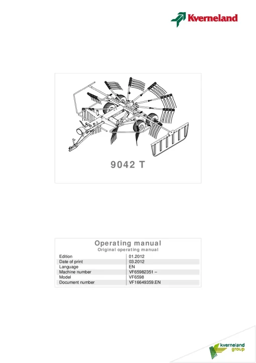 Kverneland 9042T Rakes Single rotor 2012 Operation Maintenance Manual PDF download