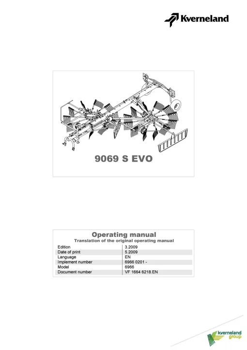 Kverneland 9069 S EVO Rakes Multi rotors 2009 Operation Maintenance Manual PDF download