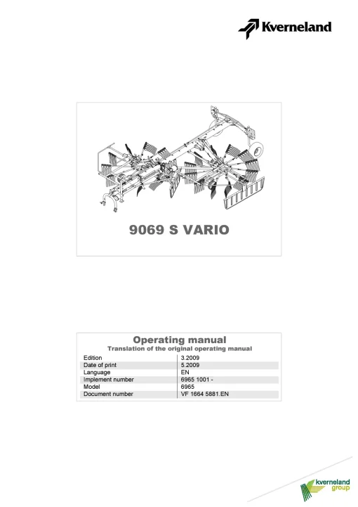 Kverneland 9069 S Vario Rakes Multi rotors 2009 Operation Maintenance Manual PDF download