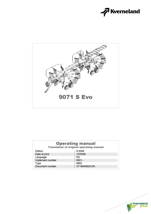 Kverneland 9071S Evo Rakes Multi rotors 2008 Operation Maintenance Manual PDF download