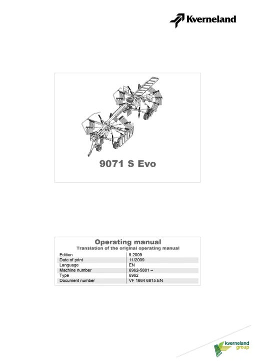 Kverneland 9071S Evo Rakes Multi rotors 2009 Operation Maintenance Manual PDF download