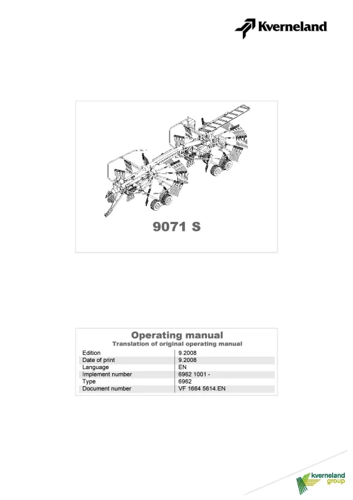 Kverneland 9071S Rakes Multi rotors 2008 Operation Maintenance Manual PDF download