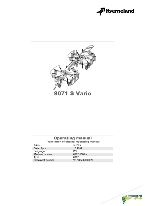 Kverneland 9071S Vario Rakes Multi rotors 2009 Operation Maintenance Manual PDF download