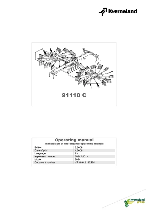 Kverneland 91110C Rakes Multi rotors 2009 Operation Maintenance Manual PDF download