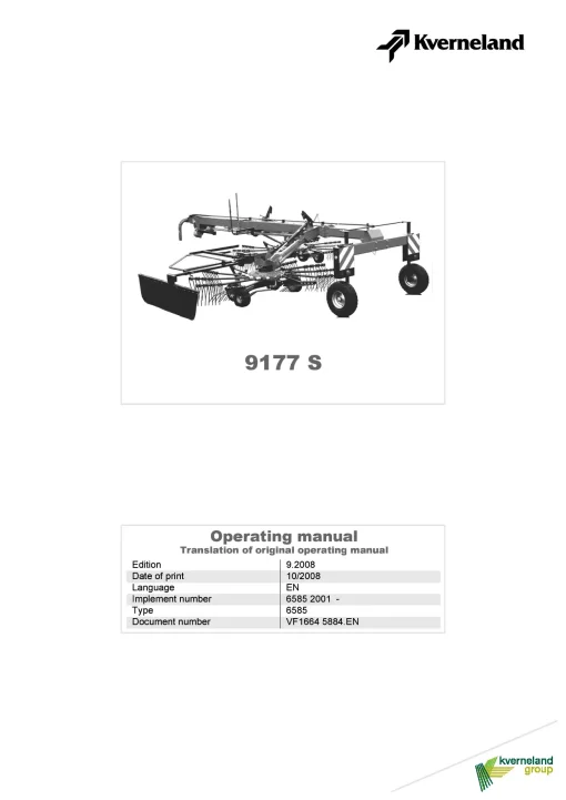 Kverneland 9177S Evo Rakes Multi rotors 2008 Operation Maintenance Manual PDF download