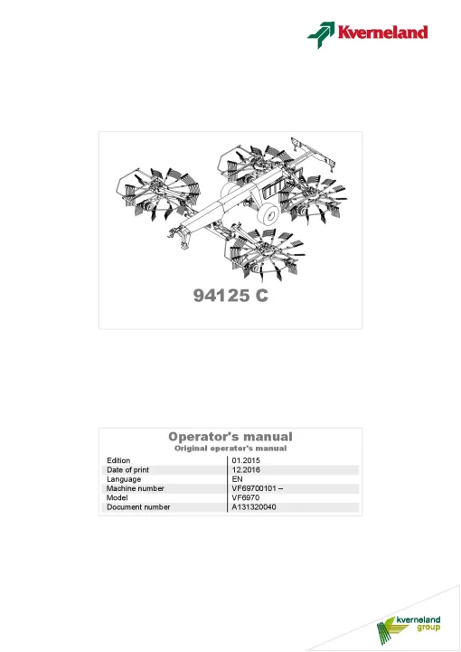 Kverneland 94125C Rakes 4 rotors 2016 Operation Maintenance Manual PDF download