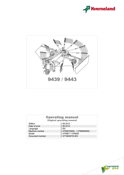 Kverneland 9439 9443 Rakes Single rotor 2012 Operation Maintenance Manual PDF download