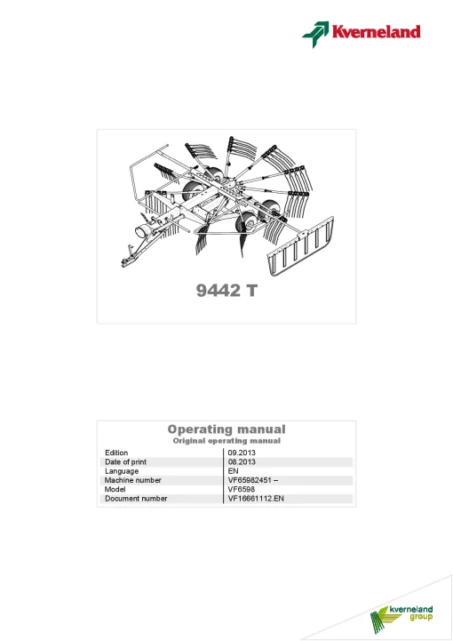 Kverneland 9442T Rakes Single rotor 2013 Operation Maintenance Manual PDF download