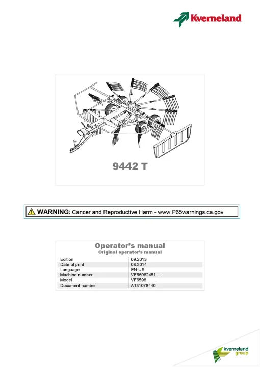 Kverneland 9442T Rakes Single rotor 2014 North America Operation Maintenance Manual PDF download