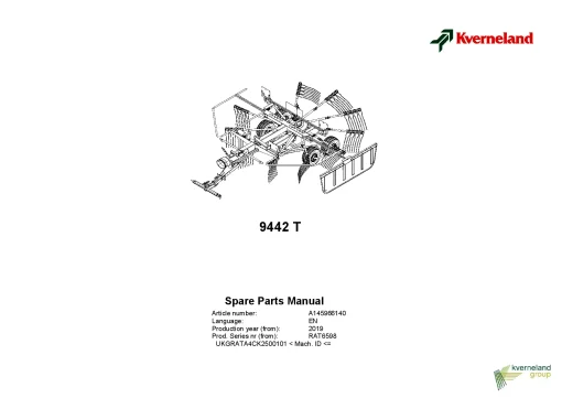 Kverneland 9442T Rakes Single rotor 2019 EU- All Parts Manual Catalog Pdf Download