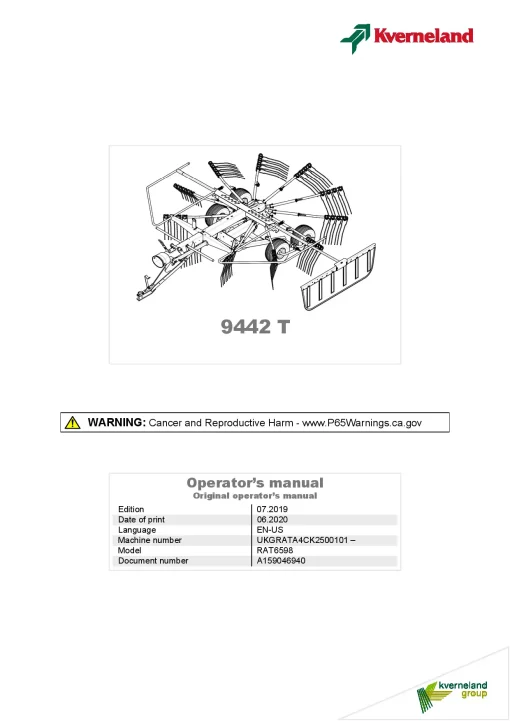 Kverneland 9442T Rakes Single rotor 2019 North America Operation Maintenance Manual PDF download