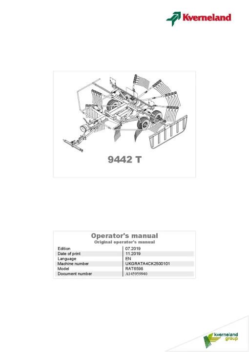Kverneland 9442T Rakes Single rotor 2019 Operation Maintenance Manual PDF download