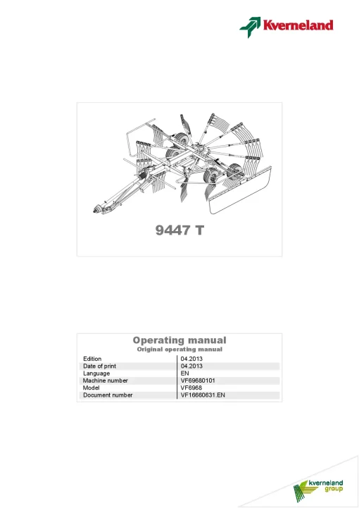 Kverneland 9447T Rakes Single rotor 2013 Operation Maintenance Manual PDF download