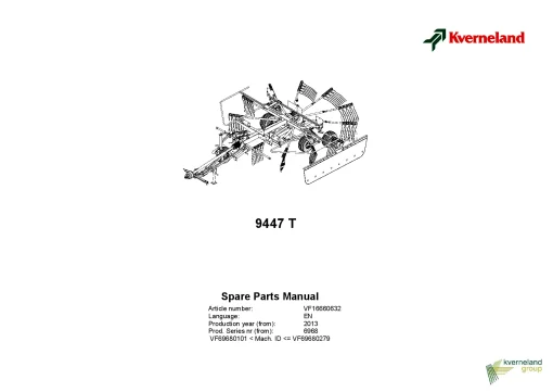 Kverneland 9447T Rakes Single rotor 2013 Parts Manual Catalog Pdf Download