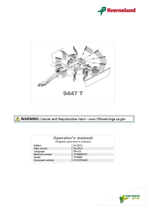 Kverneland 9447T Rakes Single rotor 2014 North America Operation Maintenance Manual PDF download