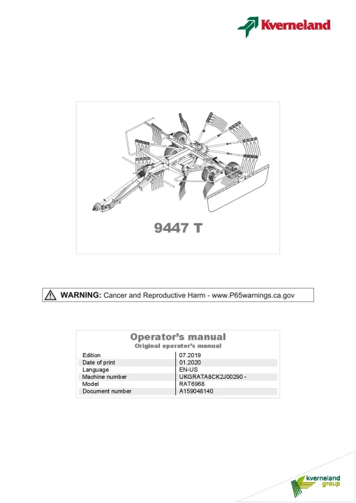 Kverneland 9447T Rakes Single rotor 2019 North America Operation Maintenance Manual PDF download