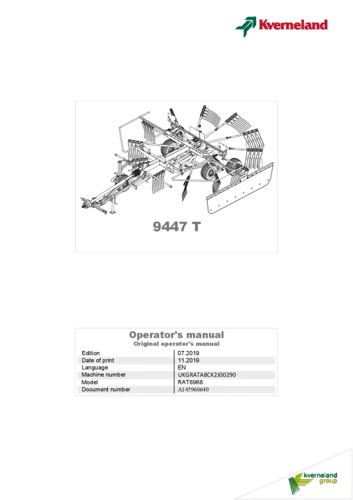 Kverneland 9447T Rakes Single rotor 2019 Operation Maintenance Manual PDF download