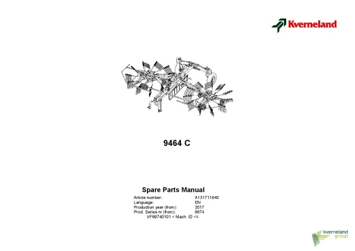 Kverneland 9464C Rakes Multi rotors 2017 Parts Manual Catalog Pdf Download