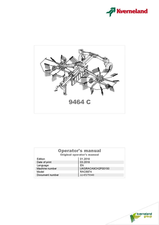 Kverneland 9464C Rakes Multi rotors 2018 Operation Maintenance Manual PDF download