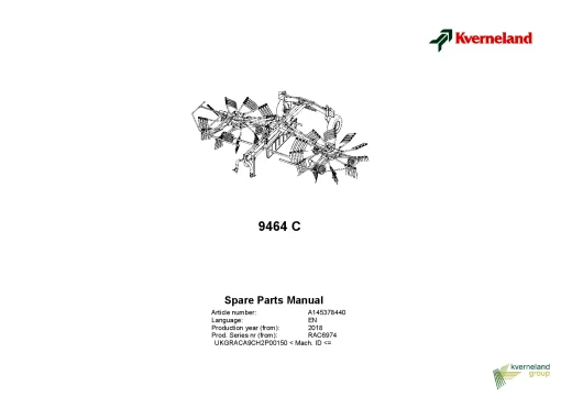 Kverneland 9464C Rakes Multi rotors 2018 Parts Manual Catalog Pdf Download