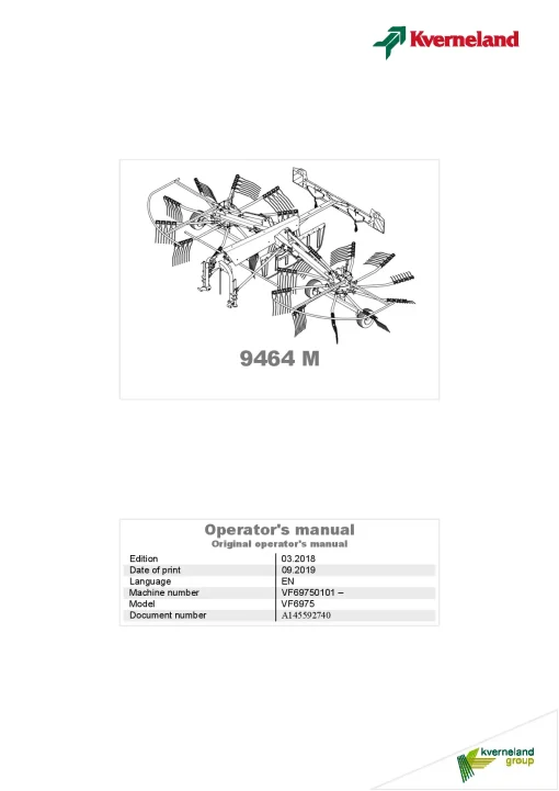 Kverneland 9464M Rakes Multi rotors 2019 Operation Maintenance Manual PDF download