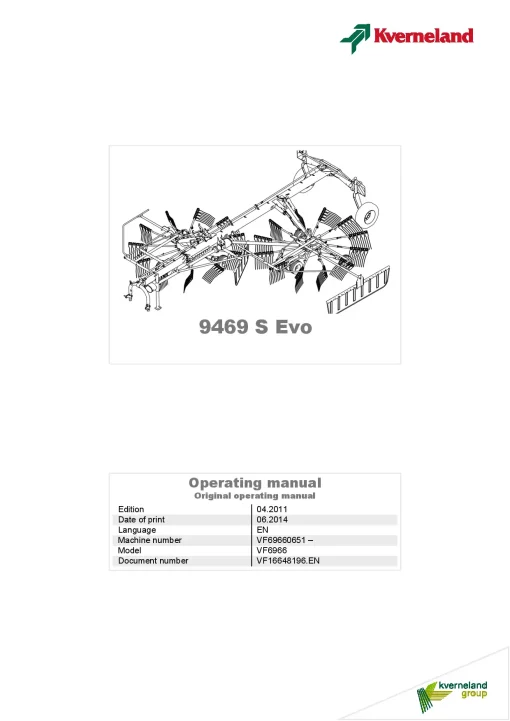 Kverneland 9469S Evo Rakes Multi rotors 2011 Operation Maintenance Manual PDF download