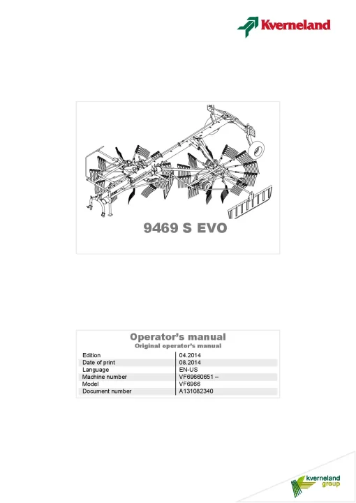 Kverneland 9469S Evo Rakes Multi rotors 2014 Operation Maintenance Manual PDF download