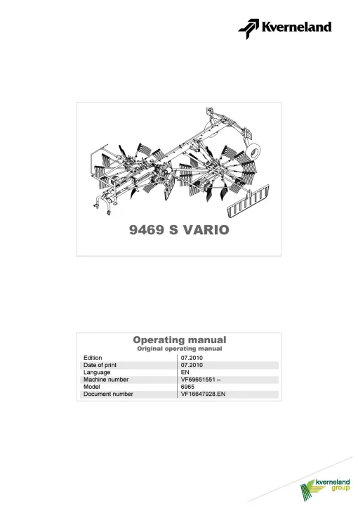 Kverneland 9469S Vario Rakes Multi rotors 2010 Operation Maintenance Manual PDF download
