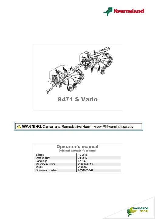 Kverneland 9471 S Vario Rakes Multi rotors 2016 North America Operation Maintenance Manual PDF download