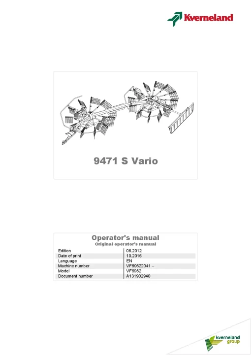 Kverneland 9471 S Vario Rakes Multi rotors 2016 Operation Maintenance Manual PDF download