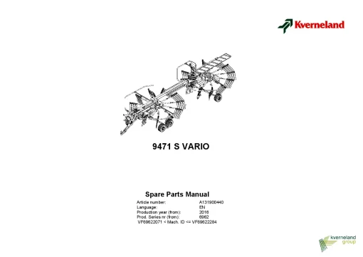 Kverneland 9471 S Vario Rakes Multi rotors 2016 Sn 22071-22284 Parts Manual Catalog Pdf Download