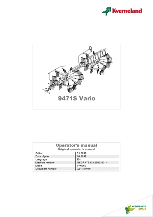 Kverneland 9471 S Vario Rakes Multi rotors 2019 Operation Maintenance Manual PDF download