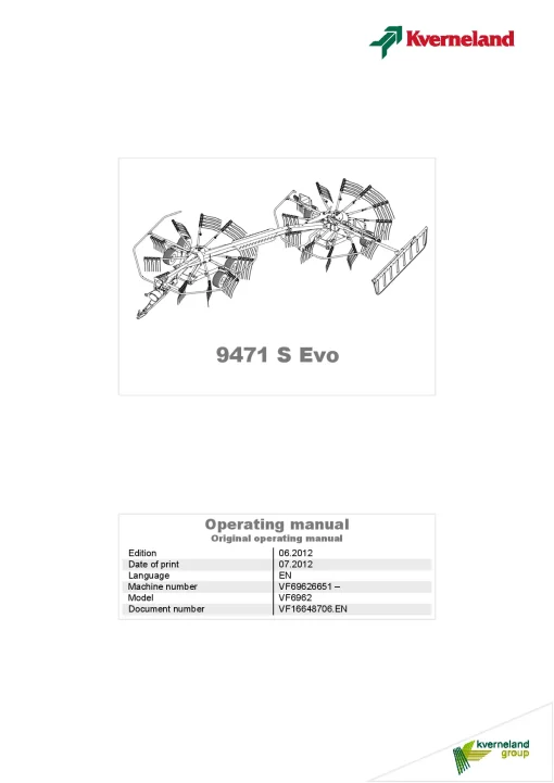 Kverneland 9471S EVO Rakes Multi rotors 2012 Operation Maintenance Manual PDF download
