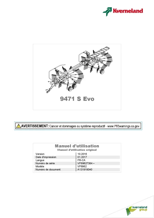 Kverneland 9471S EVO Rakes Multi rotors 2017 North America Operation Maintenance Manual PDF download
