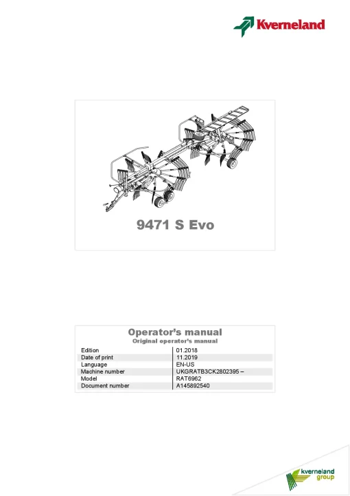 Kverneland 9471S EVO Rakes Multi rotors 2019 North America Operation Maintenance Manual PDF download