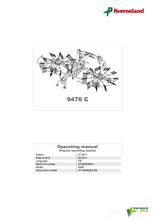 Kverneland 9476C Rakes Multi rotors 2011 Operation Maintenance Manual PDF download