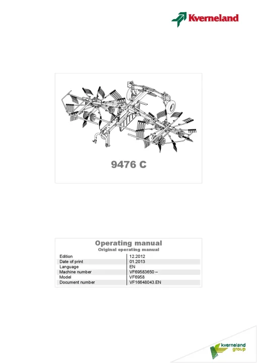 Kverneland 9476C Rakes Multi rotors 2012 Operation Maintenance Manual PDF download